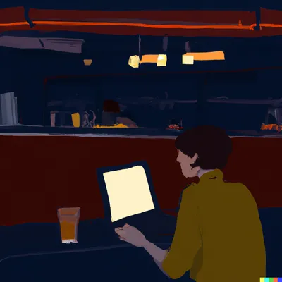 a person of indeterminate gender sitting alone in a bar at night working on a laptop in the style of nighthawks by edward hopper